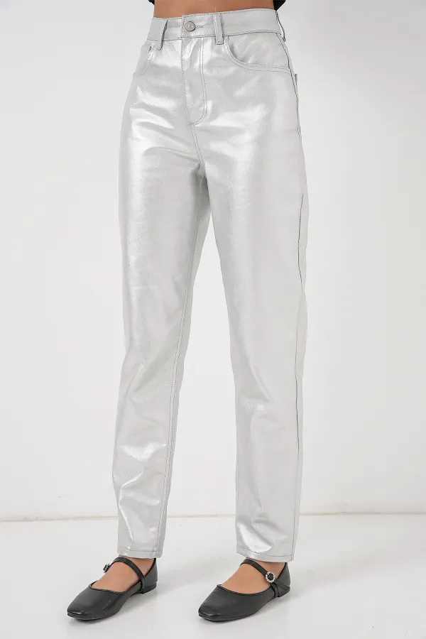 Kadın Yüksek Bel Parlak Pantolon 6738 - Gümüş