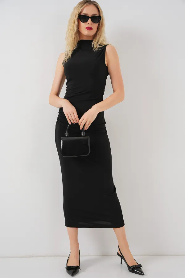 Robe drapée plissée à manches zéro pour femme 2579 - Noir