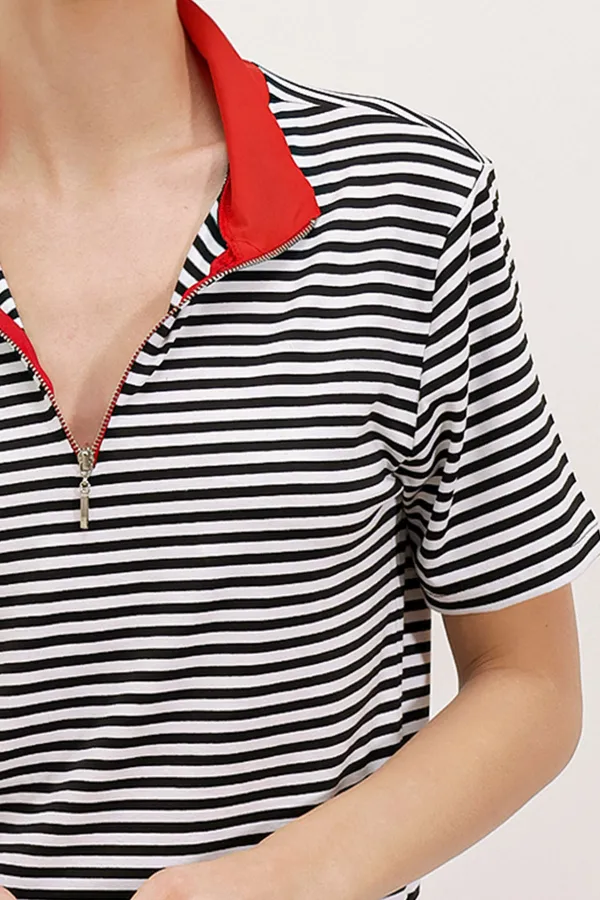 T-shirt rayé rouge à col polo zippé pour femme 0497