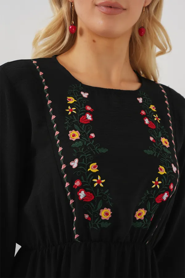 Kadın Nakışlı Uzun Tesettür Elbise 2550 - Siyah