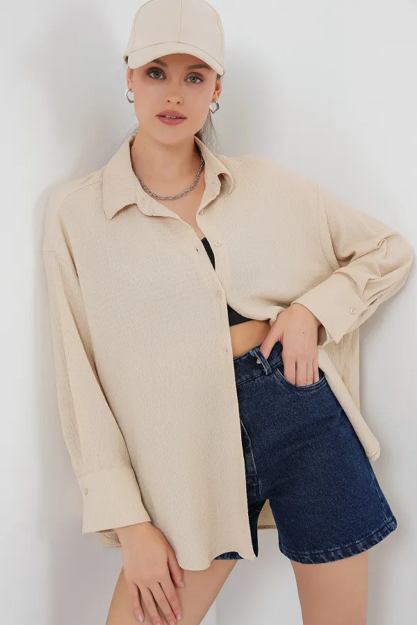 Chemise oversize en maille pour femme 20264 - Beige