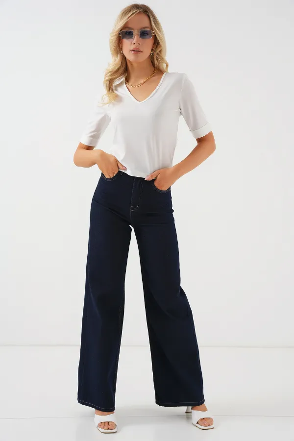 Kadın V Yaka Kısa Kol Basic Bluz 955 - Beyaz