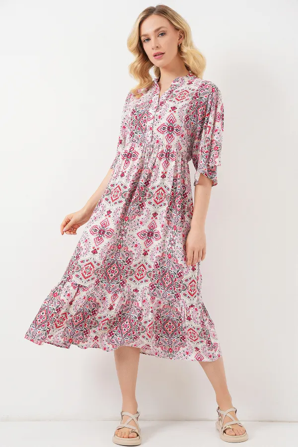 Kadın Desenli Kısa Kol Elbise 2562 - Kırmızı