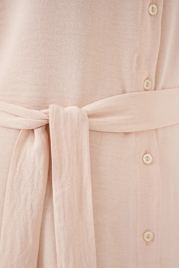 Kadın Sıfır Kol Kuşaklı Ayrobin Elbise 2568 - Krem