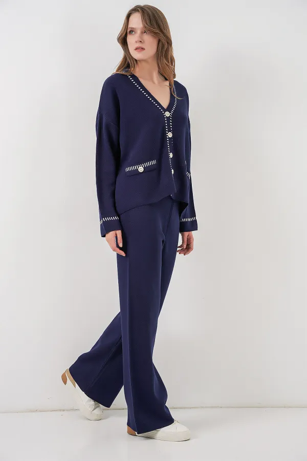 Women's Embroidered Knitwear Cardigan Trousers Two-Piece Suit 15963 - Navy Blue