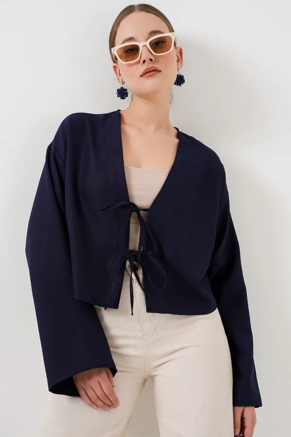 Önü Bağlamalı Keten Kimono 960 - Lacivert