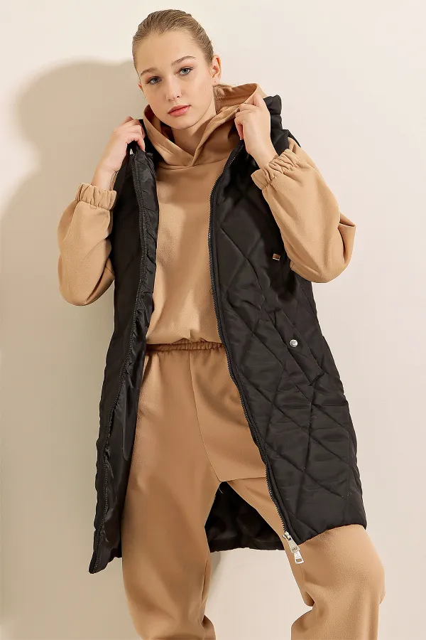 5140 Kapşonlu Uzun Şişme Yelek - Düz Siyah