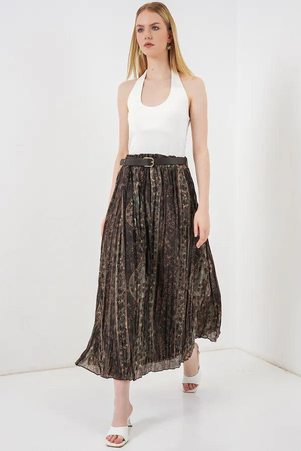 Kadın Kemerli Desenli Etek 8074 - Çağla