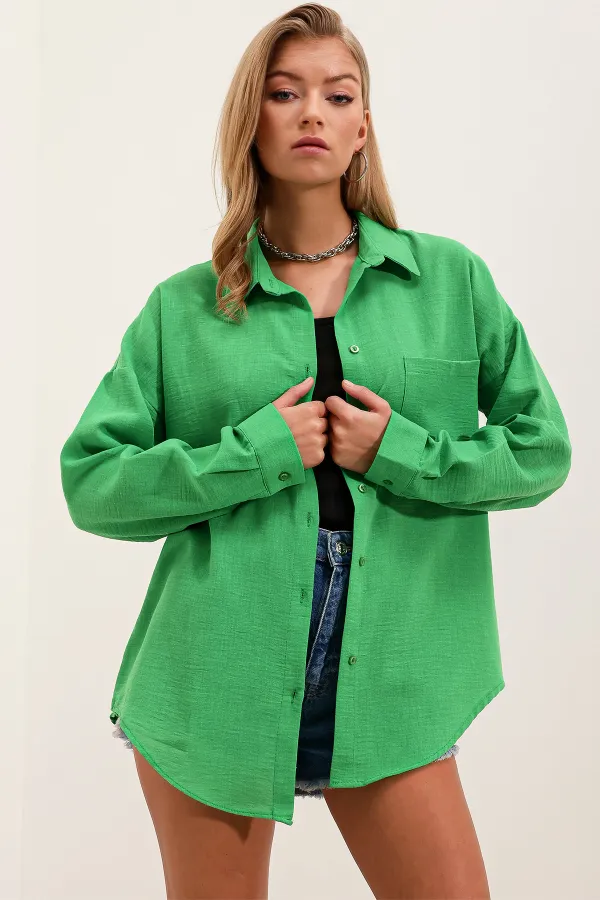 Chemise oversize en lin à poche unique 20153 - Verte