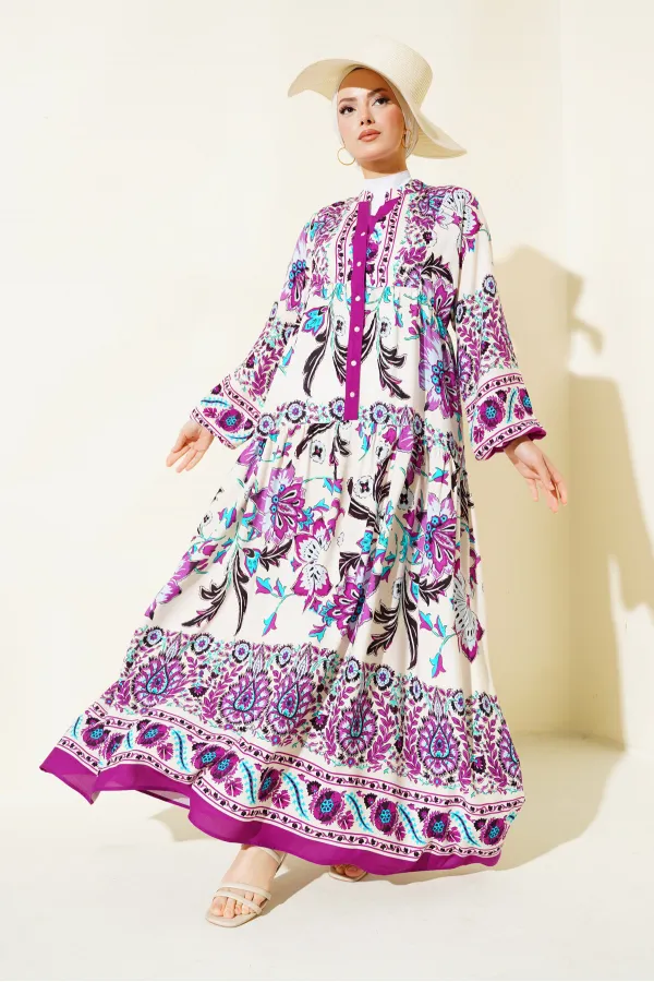 Robe hijab en viscose prune crème pour femme 2423