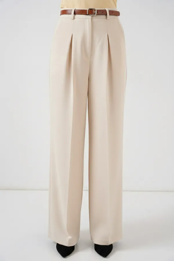 Kadın Yüksek Bel Palazzo Pantolon 30051 - Krem