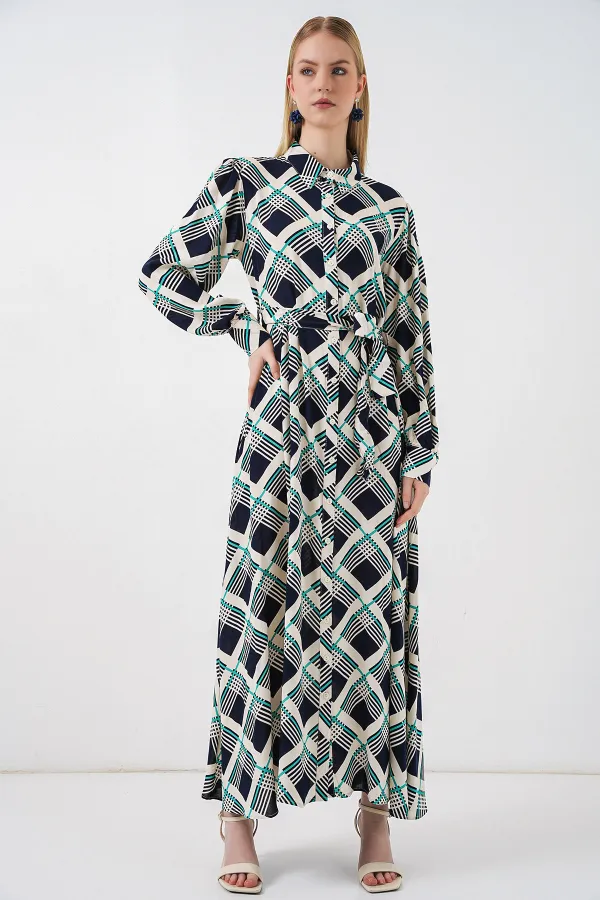 Kadın Boydan Düğmeli Uzun Tesettür Elbise 2588 - F.Lacivert