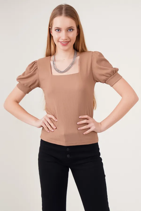 0409 Square Collar Knitted Blouse - Light Brown