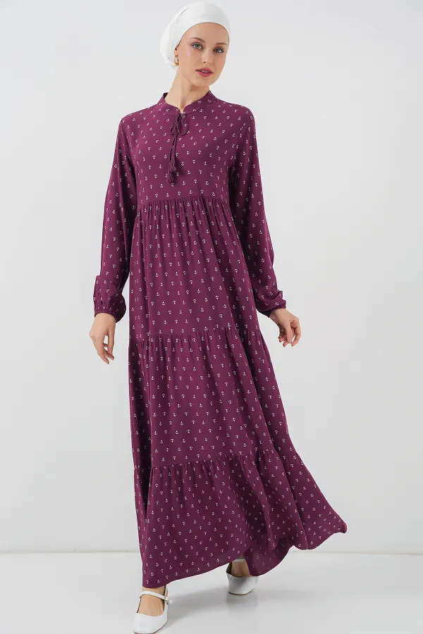 1627 Yaka Bağcıklı Tesettür Elbise - Çapa Mor