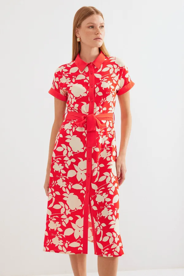 2455 Patterned Shirt Dress - Red