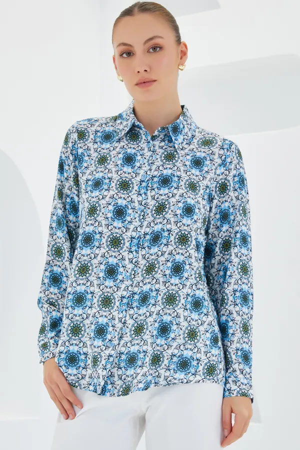 3721 Grafik Desenli Gömlek - Turkuaz