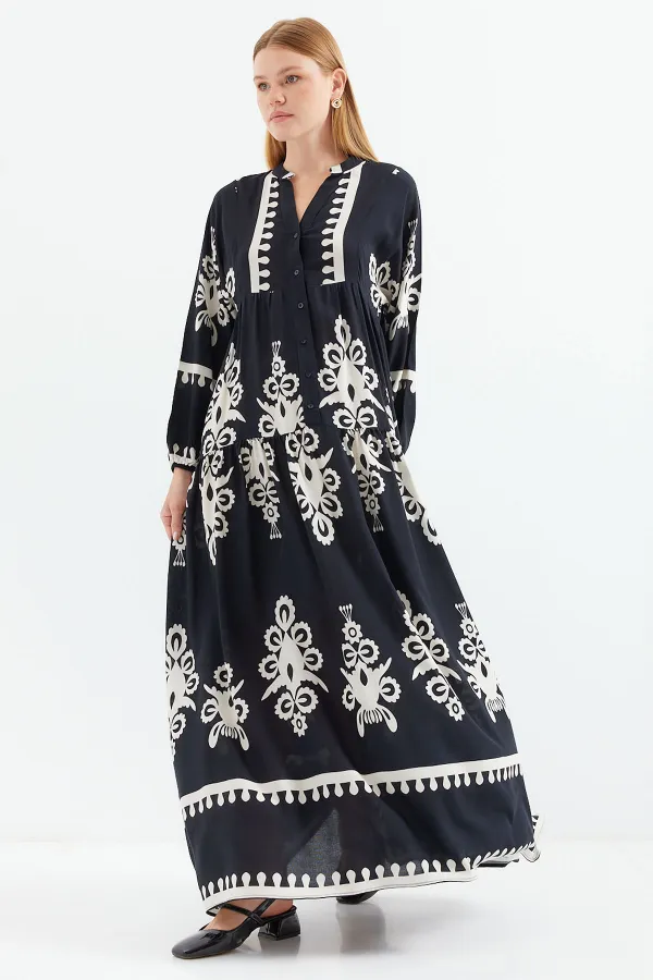 Robe hijab à motifs authentiques 2423 - Noire