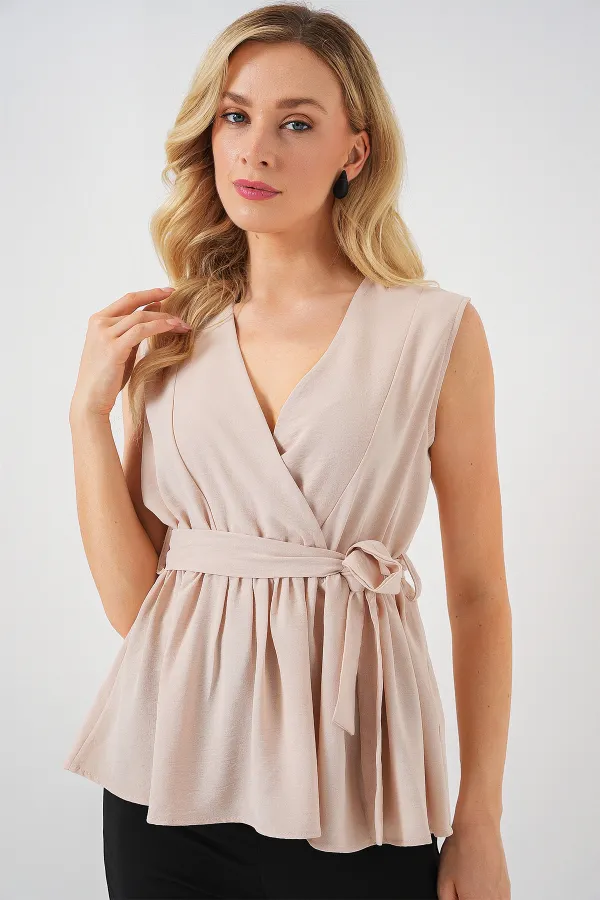 Kadın Kruvaze Yaka Kolsuz Bluz 966 - Krem