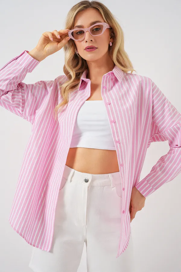 Kadın Çizgili Oversize Gömlek 20332 - Pudra