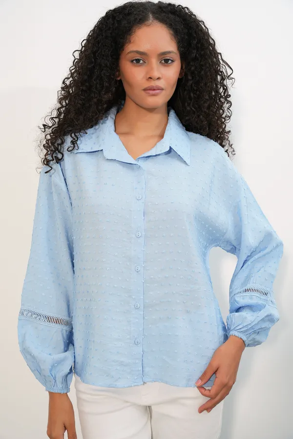 Kadın Oversize Desenli Gömlek 20379 - Mavi Kadın Oversize Desenli Gömlek 20379 - Mavi