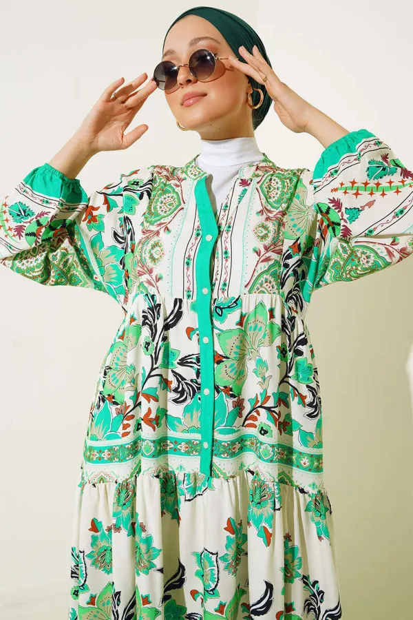 Robe hijab à motifs authentiques 2423 - Verte