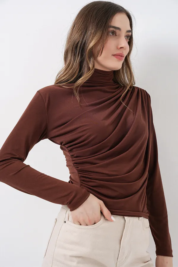 925 Büzgü Detaylı Sandy Bluz - A.Kahve