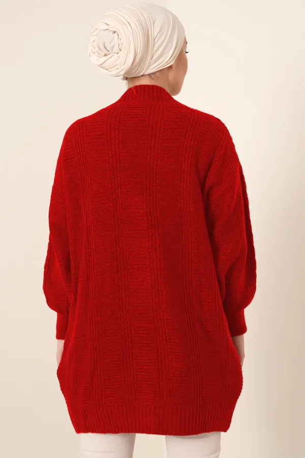 15768 Tesettür Triko Hırka - Kırmızı