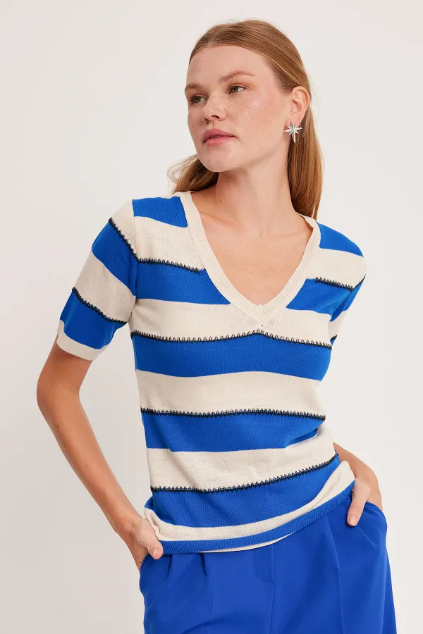 Chemisier rayé bleu et blanc à col en V pour femme 15869