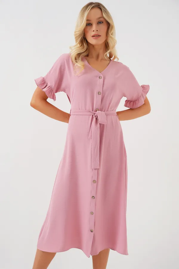 Robe boutonnée à manches courtes pour femme 2555 - Poudre