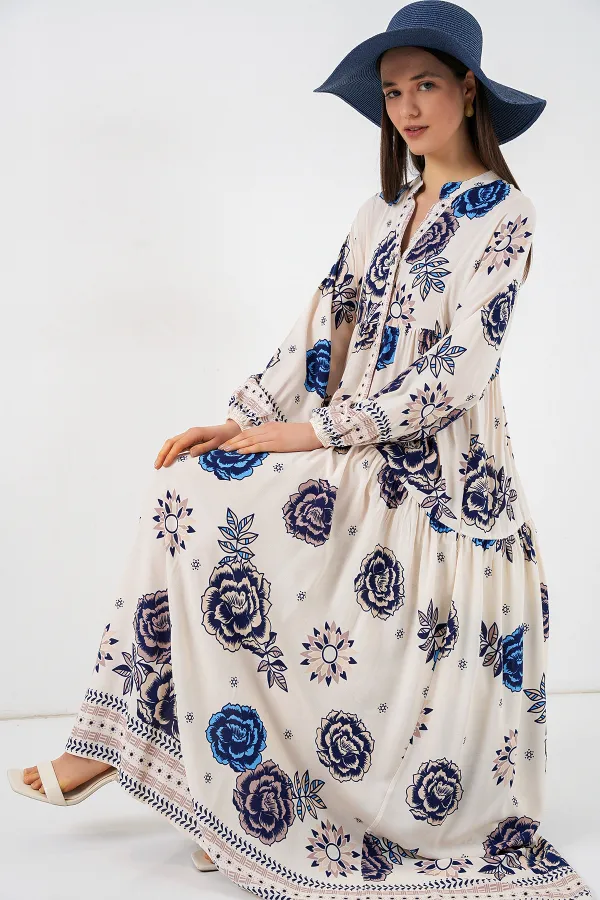 Kadın Desenli Uzun Tesettür Elbise 2585 - B.Lacivert