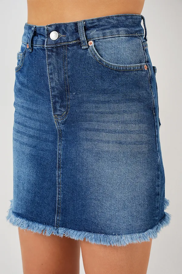 Women's Tassel Mini Denim Skirt 8051 - Navy Blue
