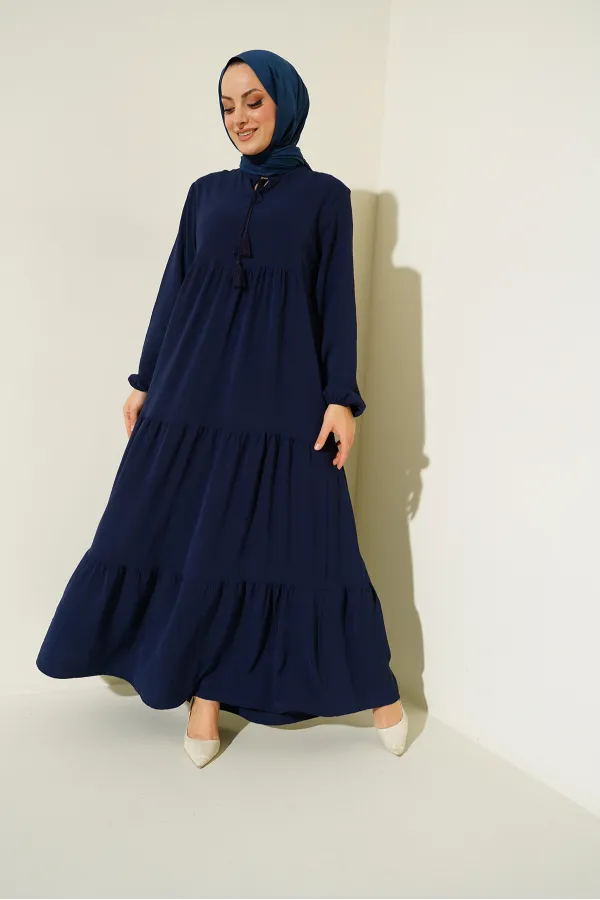 1627 Lace-Up Hijab Dress - Dark Navy Blue 1627 Lace-Up Hijab Dress - Dark Navy Blue