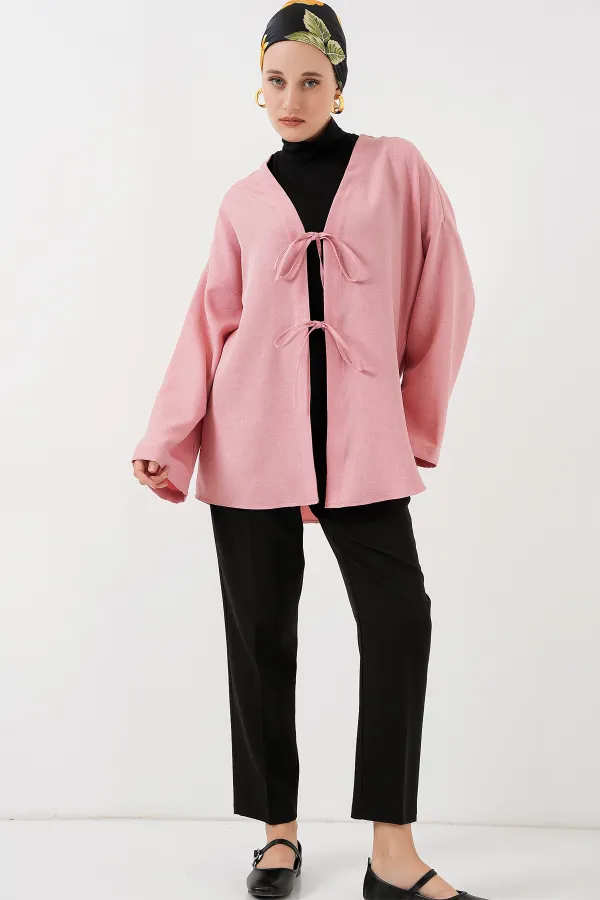 Keten Tesettür Kimono 5968 - Pudra