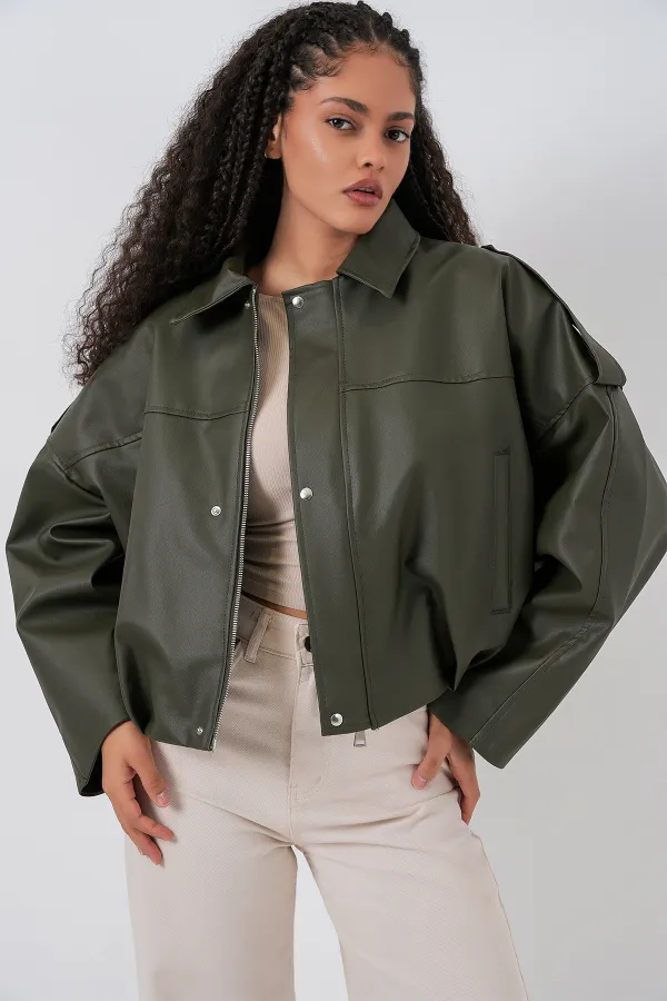 Kadın Oversize Deri Ceket 1055 - Haki