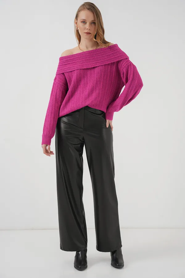 Pull oversize en maille à épaules dénudées pour femme - Rose foncé 15908