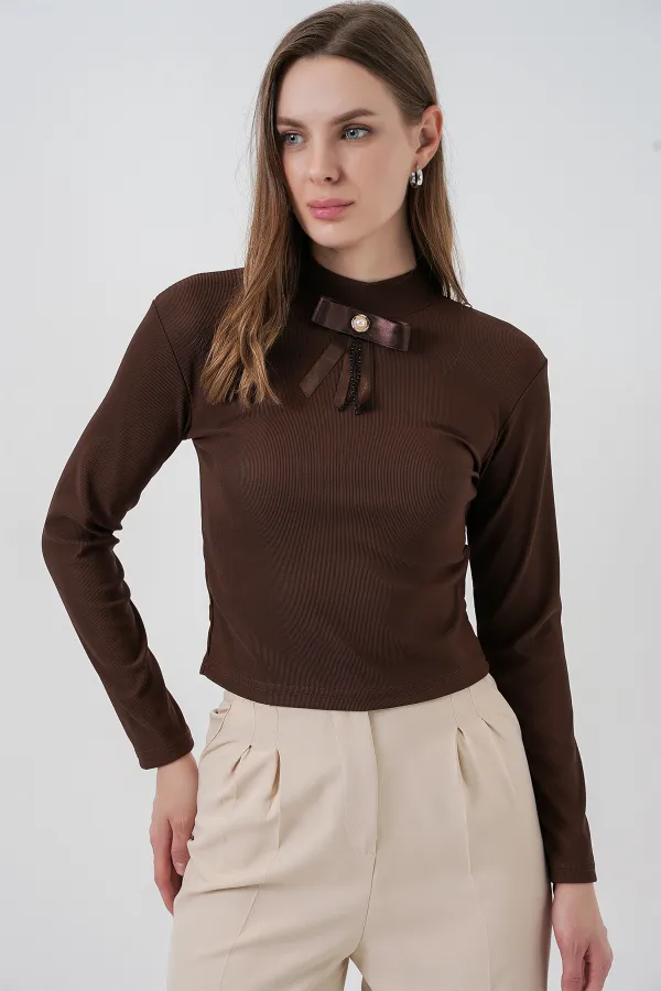 Women's Ribbon Detail Long Sleeve Blouse 977 - Brown