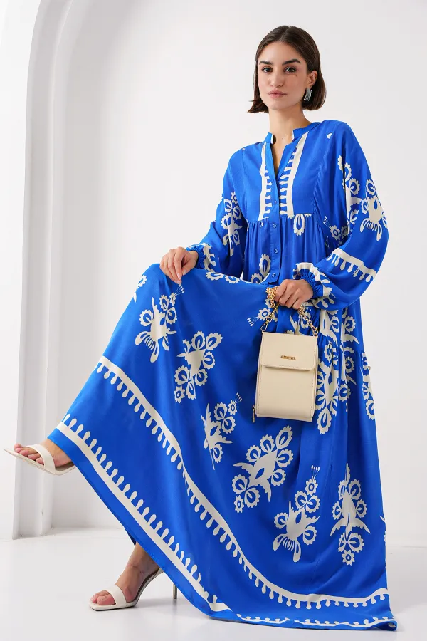 Robe hijab authentique à motifs 2423 - Blanc - Bleu marine