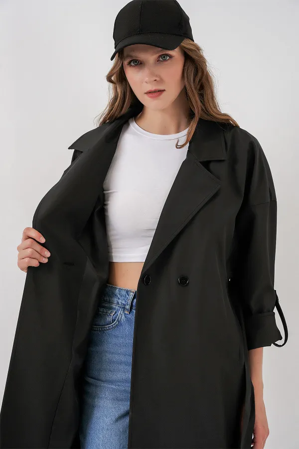 9104 Double-Breasted Lined Trench Coat - Black