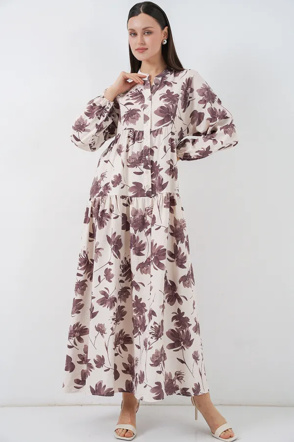 Kadın Lilyum Kumaş Uzun Tesettür Elbise 2593 - Kahverengi