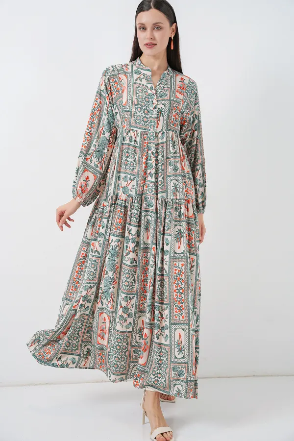 Women's Patterned Long Hijab Dress 2585 - Çağla