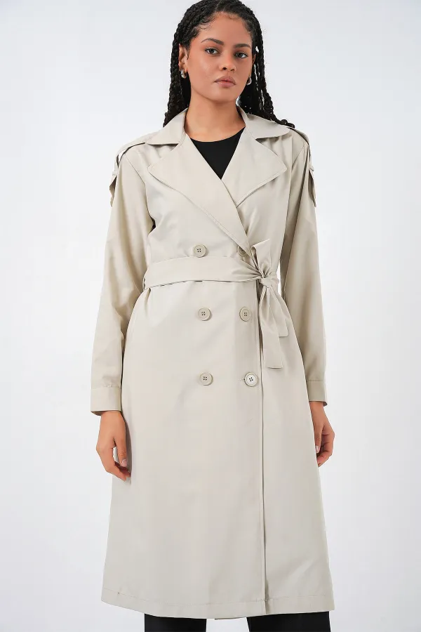 Kadın Kruvaze Yaka Trençkot 5978 - Taş