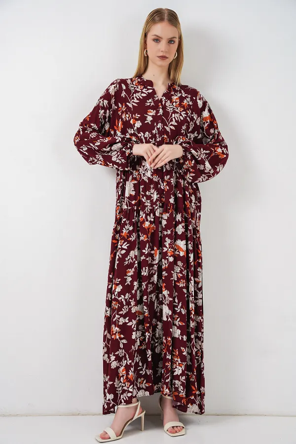 Kadın Desenli Uzun Tesettür Elbise 2585 - Z.Bordo