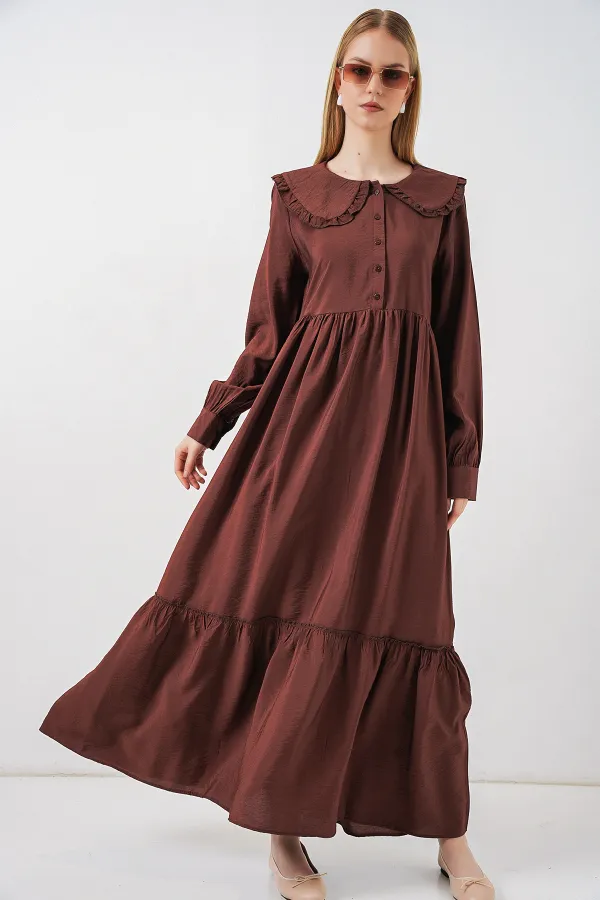 Kadın Bebe Yaka Uzun Tesettür Elbise 2592 - Kahverengi