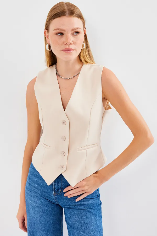 6796 Short Woven Vest - Cream
