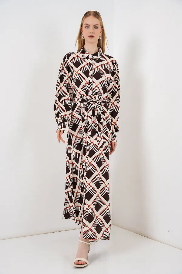 Kadın Boydan Düğmeli Uzun Tesettür Elbise 2588 - Kahve Bej