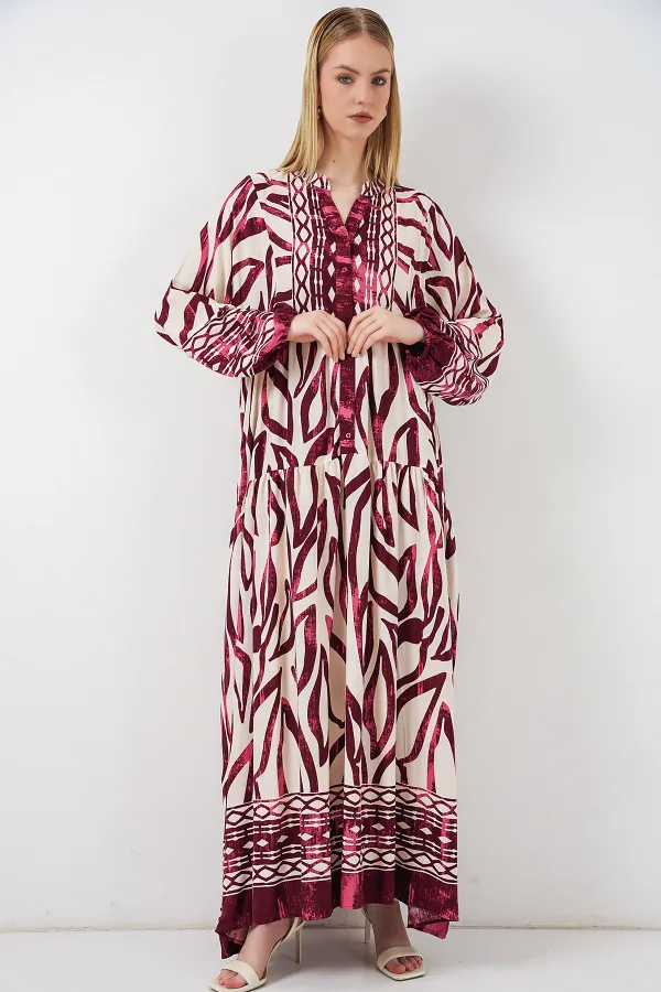 Kadın Desenli Uzun Tesettür Elbise 2585 - H. Bordo