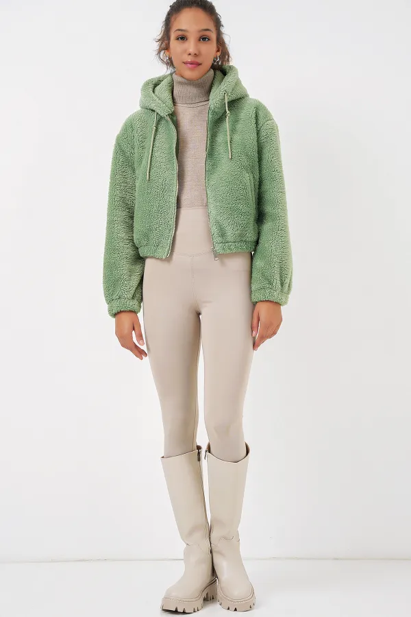 Veste courte à capuche en peluche 5193 - Vert écru