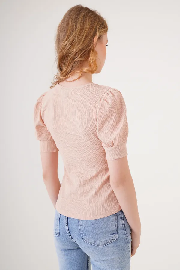 0409 Square Collar Knitted Blouse - Biscuit
