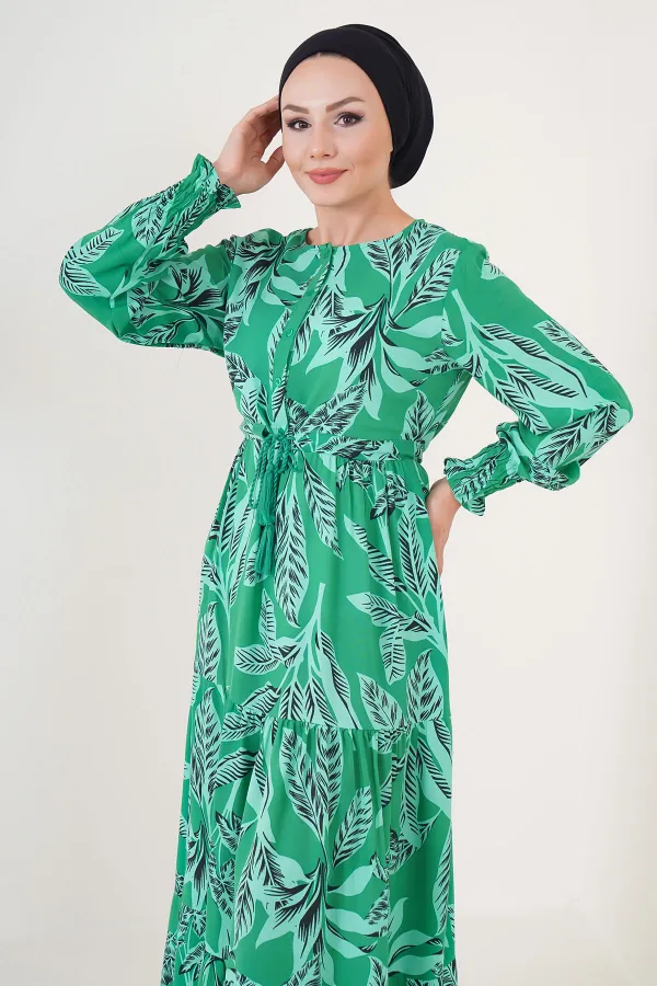 2145 Desenli Tesettür Elbise - Yeşil