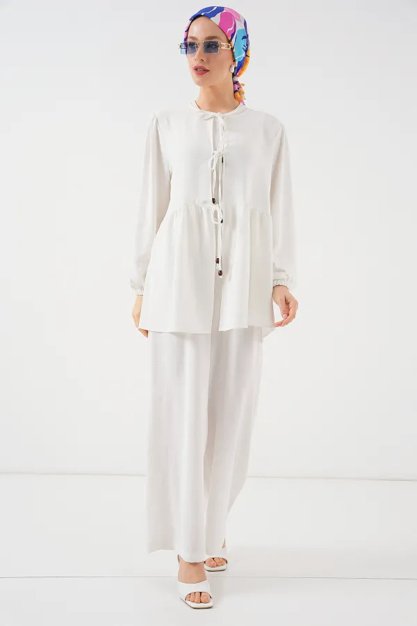Kadın Önü Bağcıklı Tunik Pantolon İkili Takım 6744 - Beyaz